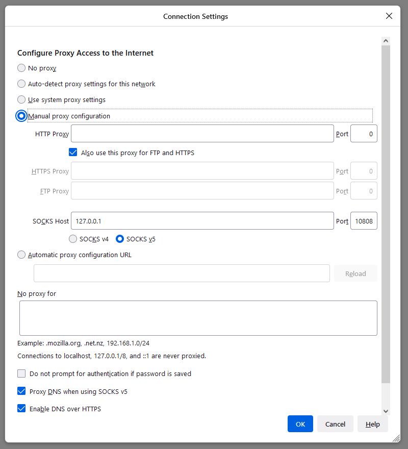 Firefox network connection settings to use manual proxy configuration