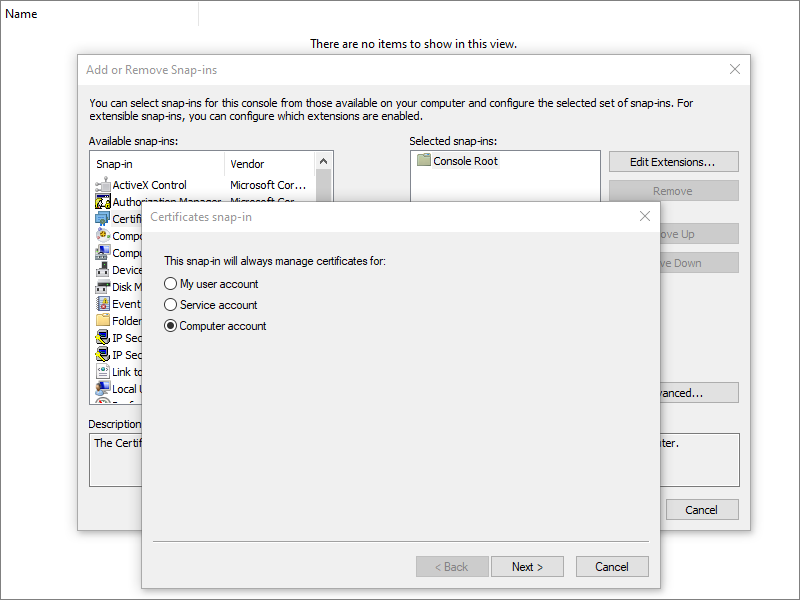 Microsoft Management Console import certificates to computer account