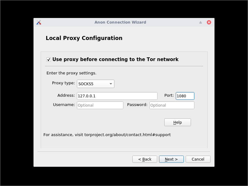 Anon Connection Wizard for SOCKS5 proxy on localhost port 1080