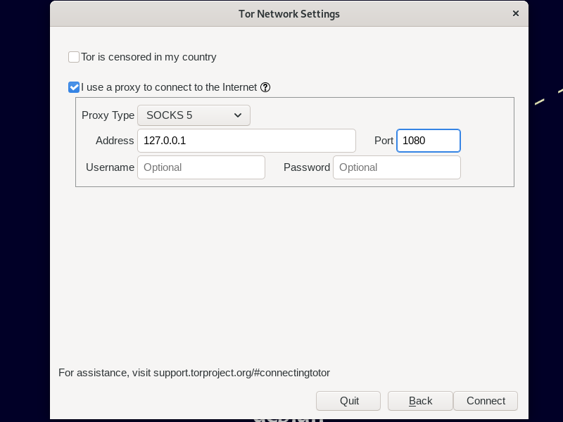 Configuring Tor Browser to use a SOCKS proxy on localhost port 1080