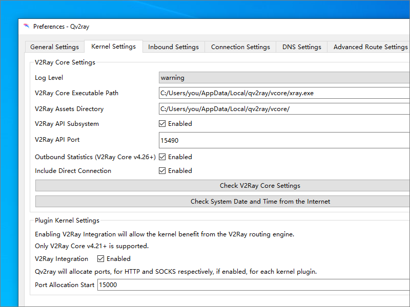 Qv2Ray Kernel Settings