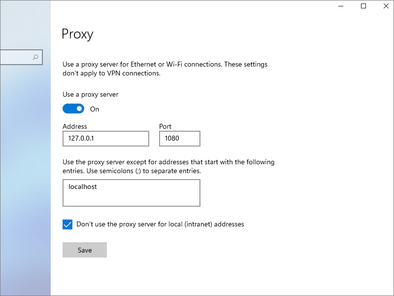 Manual proxy configuration in Windows