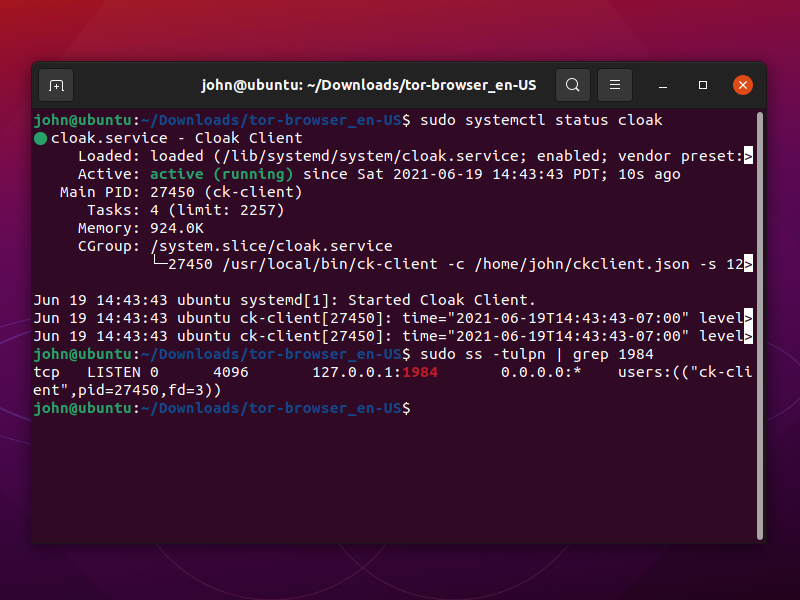 Cloak client running on Linux