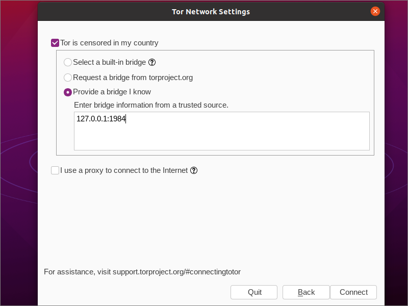 Configure Tor Browser network settings for bridge on localhost